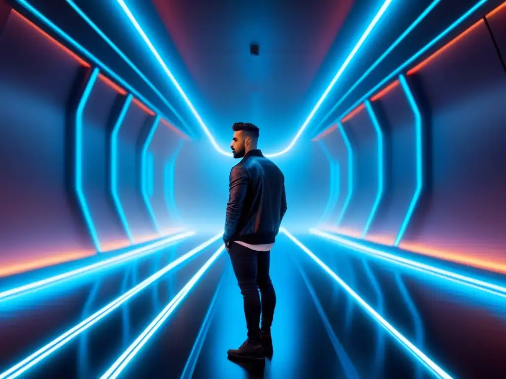 Arte digital futurista: fusión de tecnología y poesía contemporánea Escultura digital futurista con líneas metálicas y luces neón, fusionando tecnología y poesía en un ambiente contemporáneo