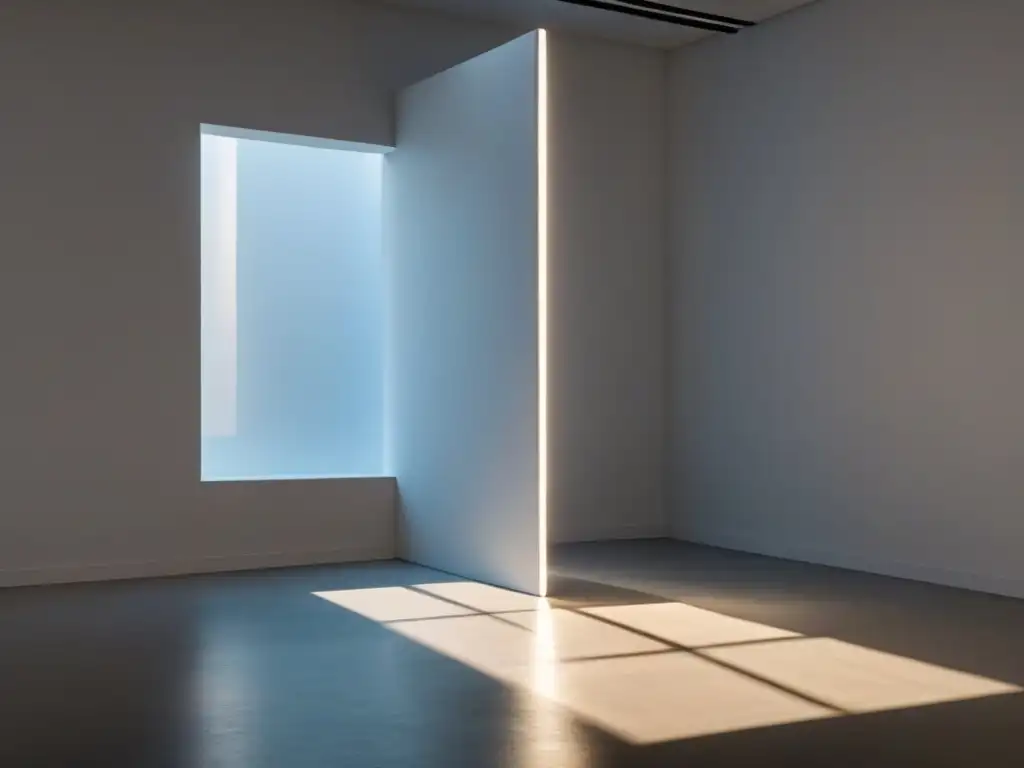 Una escultura geométrica de material transparente proyecta sombras dramáticas en la pared de una habitación blanca iluminada por un rayo de luz