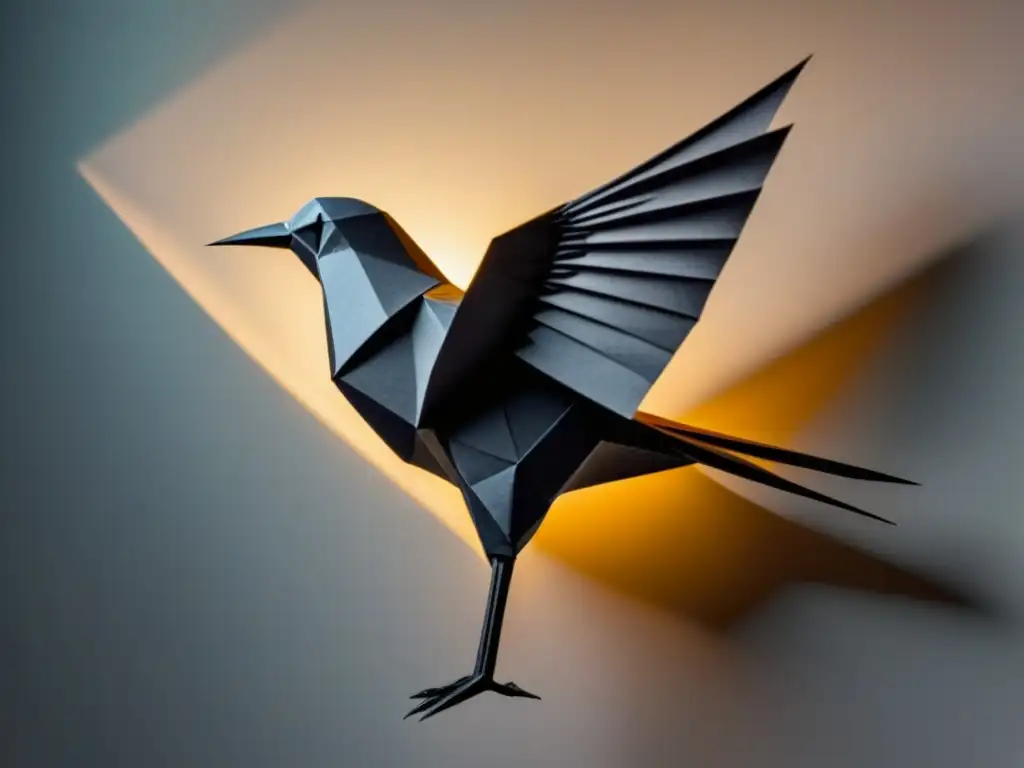 Escultura de origami de un pájaro en vuelo, proyectando sombra en la pared