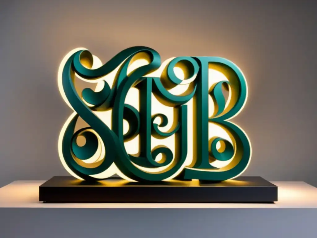 Escultura tridimensional de letras entrelazadas en versos poéticos, metal brillante y luz ambiental crean elegantes sombras, sobre fondo blanco