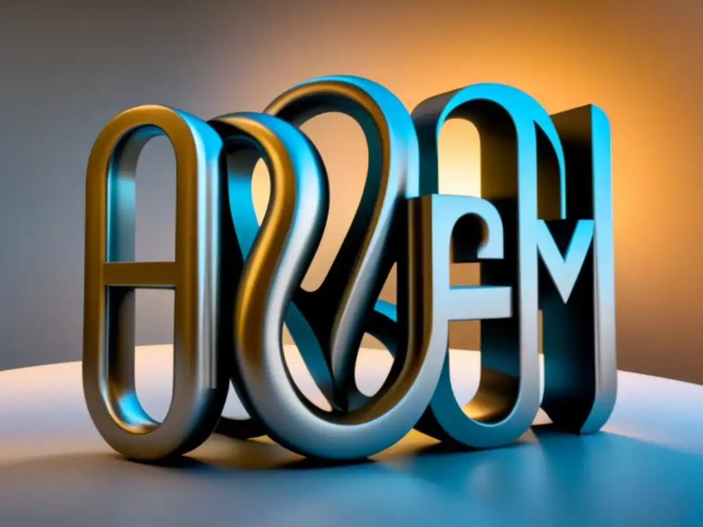 Escultura tridimensional de letras entrelazadas, creando poesía lírica en metal brillante