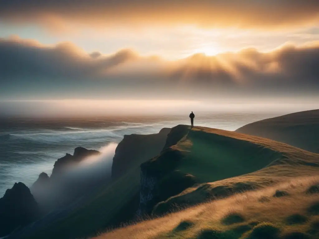 Capturando la esencia poética en imágenes: fotógrafo solitario en acantilado neblinoso al amanecer, contemplando el horizonte dorado