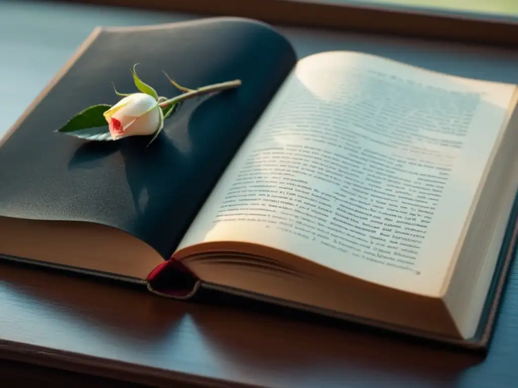 Capturando la esencia poética en imágenes: pétalo de rosa sobre libro antiguo de poesía, iluminado por luz natural