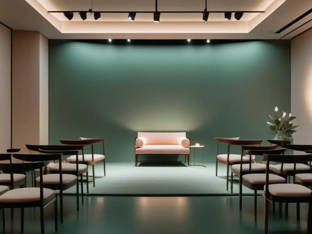 Un espacio elegante y minimalista para eventos poéticos, con muebles modernos, luz tenue y colores suaves