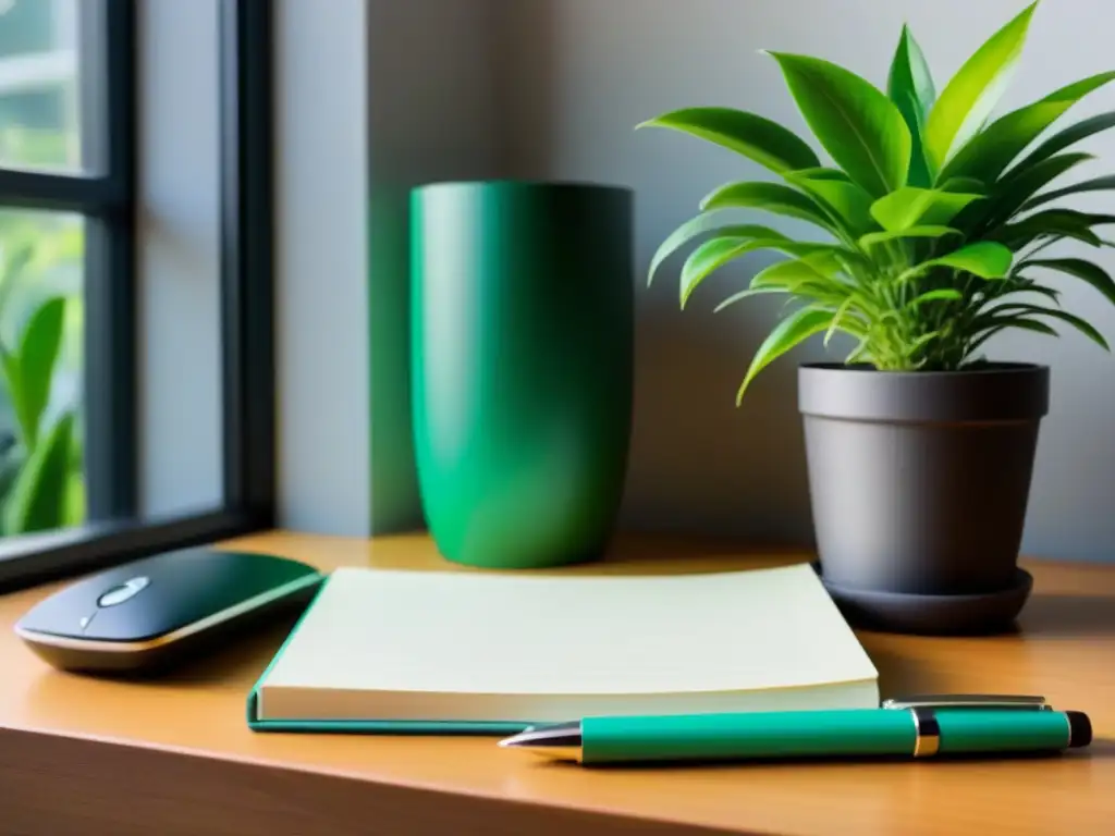 Escritorio minimalista con coloridos cuadernos y planta Un espacio de escritura creativa con certificaciones para autores emergentes, iluminado por la luz natural, notebooks coloridos y una planta vibrante