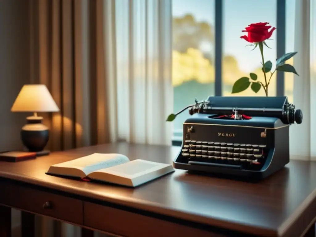 Un espacio de estudio sereno y luminoso con una mesa de madera, una máquina de escribir vintage, libros de poesía y una rosa roja en un jarrón de cristal