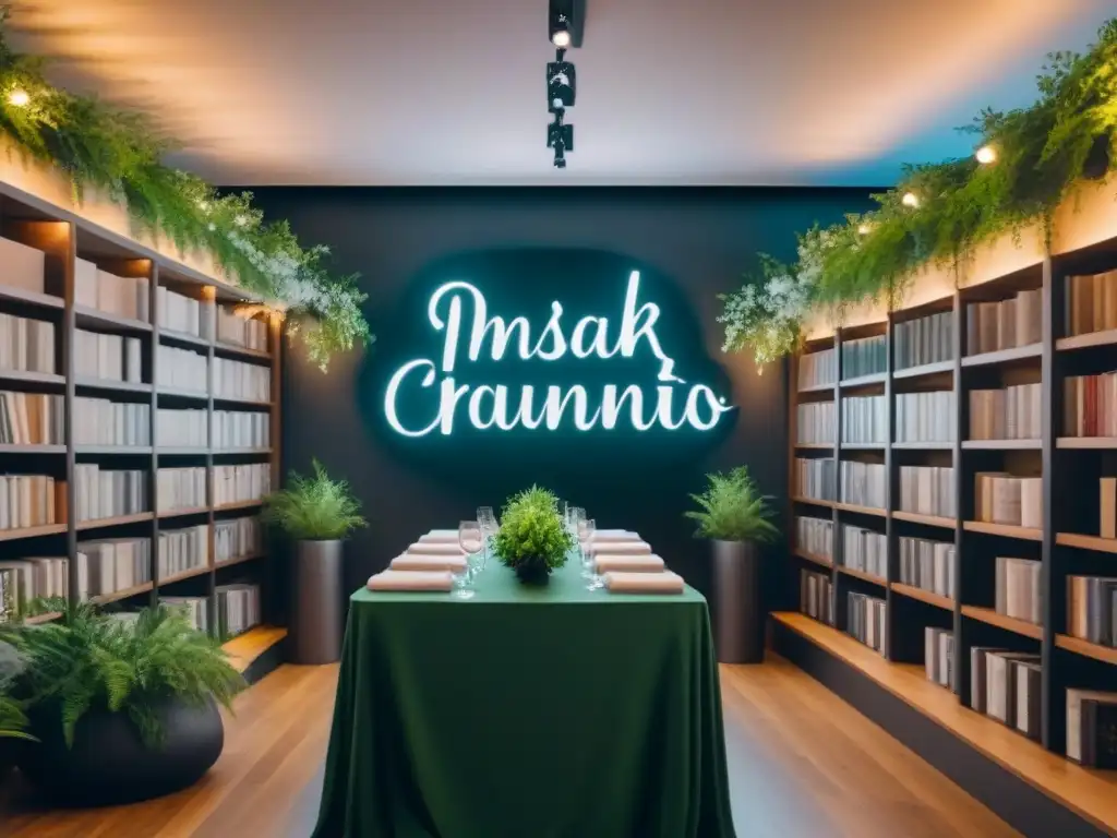 Un espacio de eventos moderno convertido en oasis poético, con decoración elegante y micrófono en el escenario