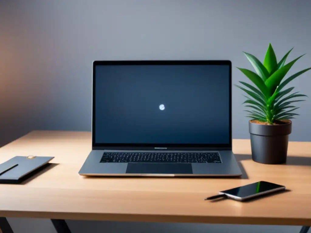 Escritorio minimalista de madera clara para inspiración poética Espacio minimalista con laptop, libreta y planta, ideal para Plataformas inspiración poética online