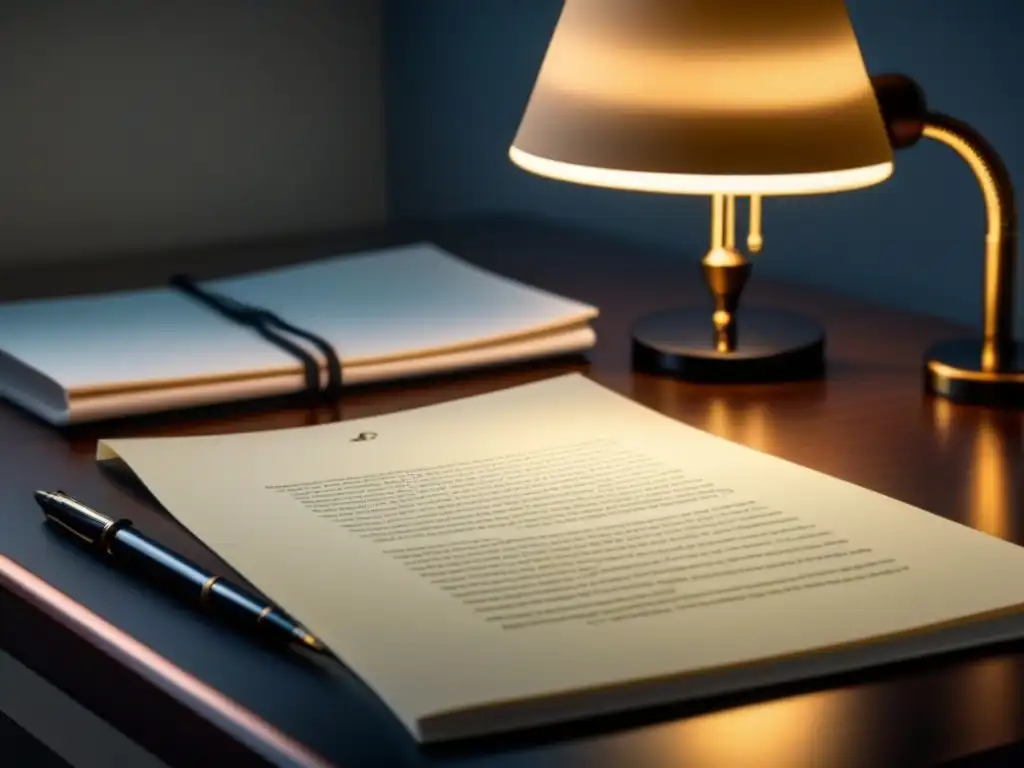 Un espacio sereno: un escritorio blanco impecable con una elegante pluma negra sobre una hoja en blanco, iluminado por una lámpara de escritorio