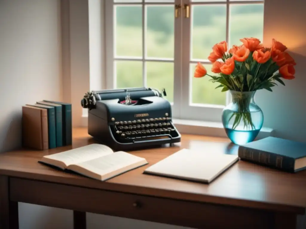 Espacio sereno iluminado por la luz natural, con escritorio de madera, máquina de escribir vintage, flores frescas y libros de poesía