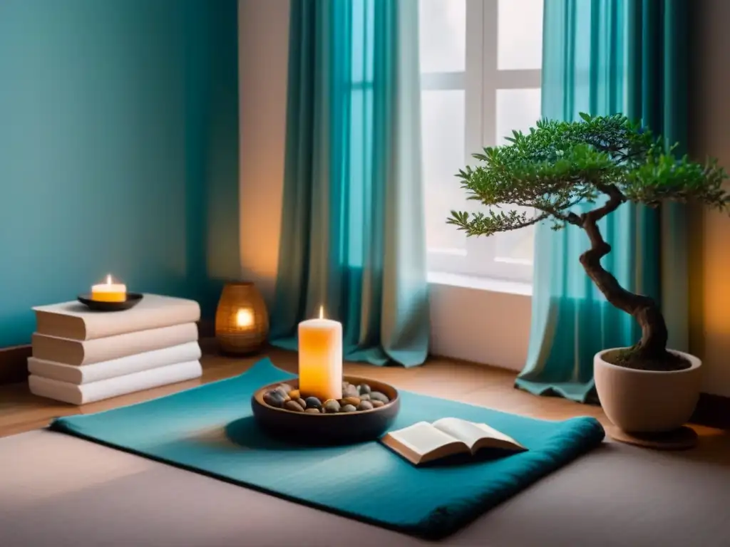 Espacio de meditación sereno con luz natural, vela encendida, bonsái y libros de poesía