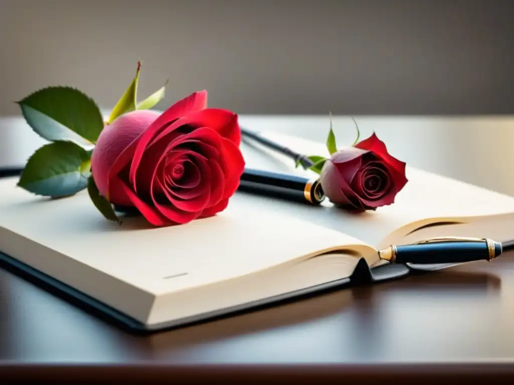 Un espacio de trabajo minimalista con cuaderno en blanco, pluma fuente y rosa roja