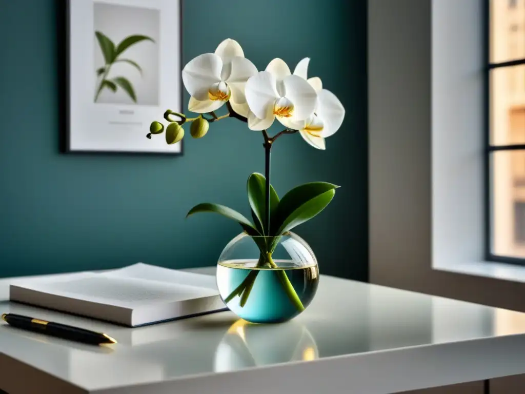 Un espacio de trabajo minimalista y elegante, bañado en luz natural, con accesorios de lujo inspiración poesía