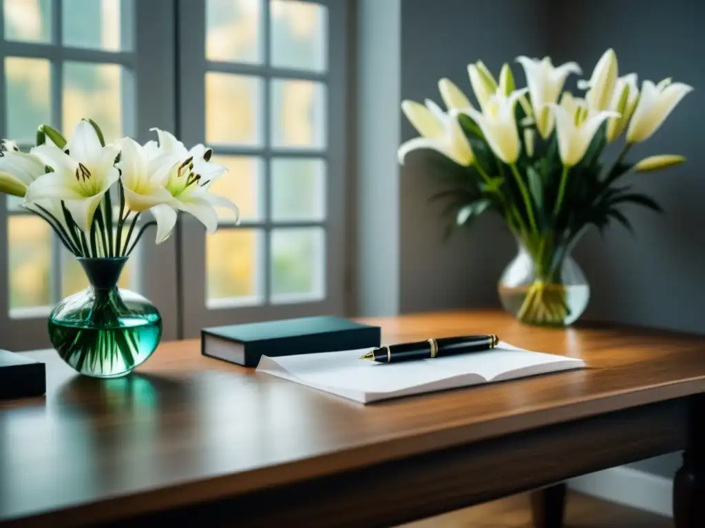 Espacio de trabajo minimalista con elegante pluma y lirios blancos, para transformación a través de la poesía