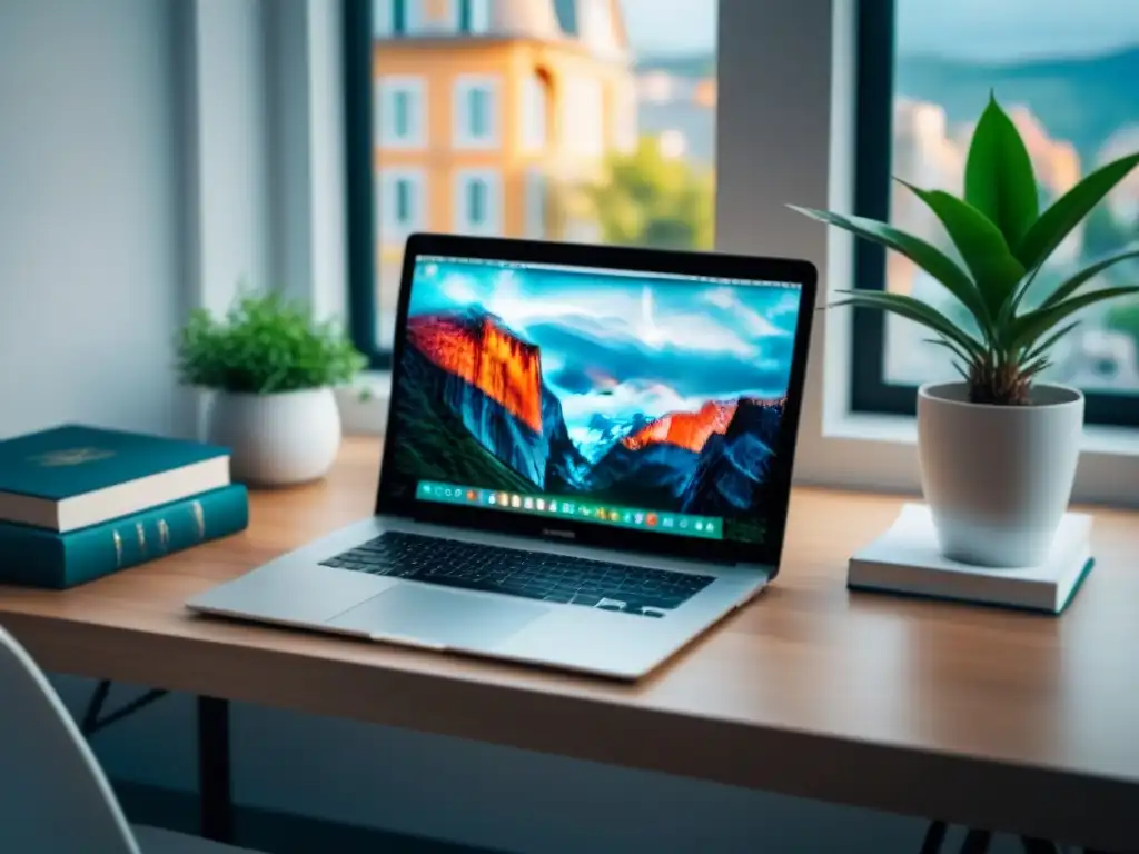 Un espacio de trabajo moderno con laptop, libros, café y planta, iluminado por luz natural