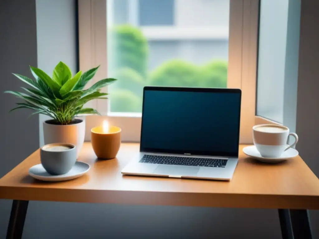 Un espacio de trabajo moderno y sereno con laptop, libros, café y planta