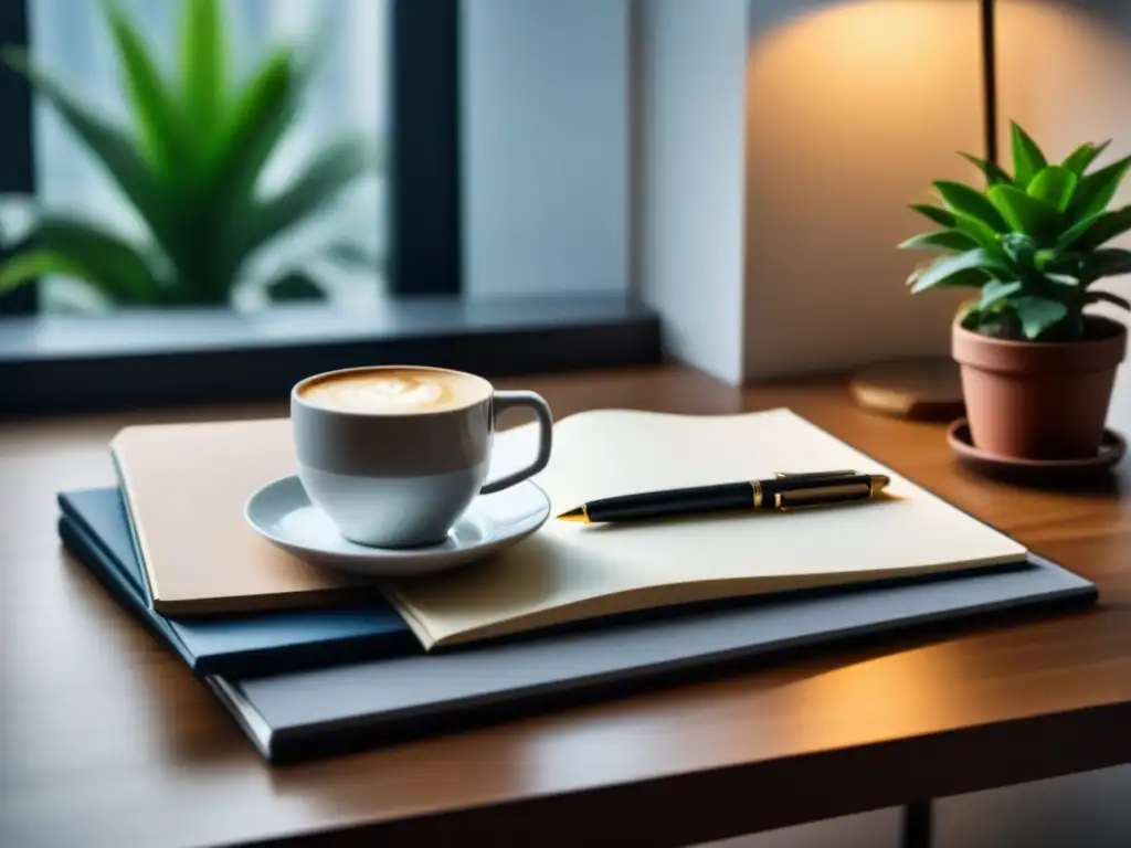 Un espacio de trabajo sereno y inspirador para un escritor, con libretas en blanco, café, pluma elegante y planta en maceta