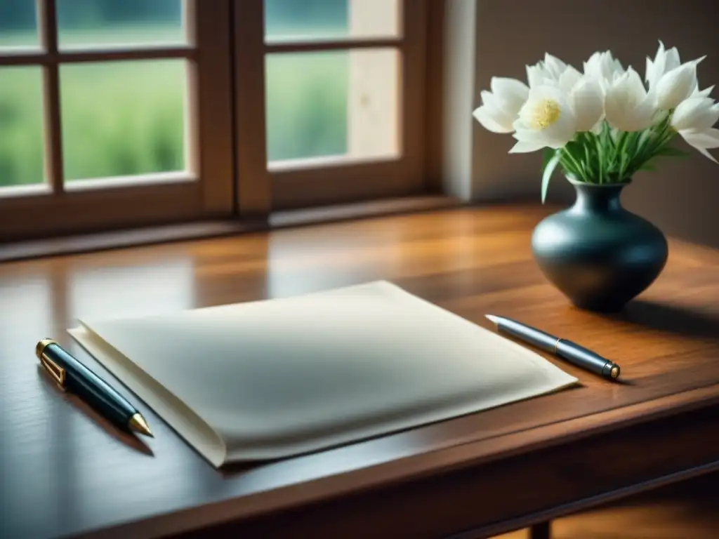 Un espacio tranquilo y minimalista para rituales de escritura poética, con una elegante pluma blanca sobre un pergamino en un escritorio de madera