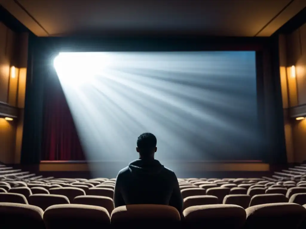 Un espectador solitario en un cine oscuro, con rayos de luz del proyector