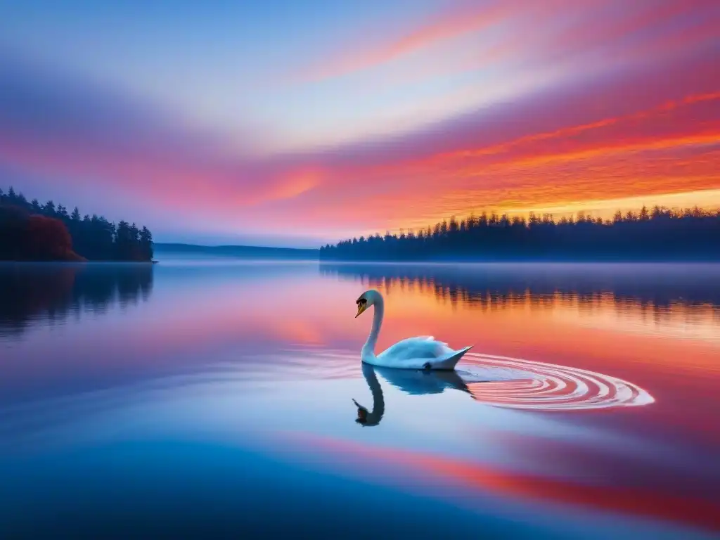 Espejo del atardecer: un lago sereno refleja un vibrante y ardiente ocaso, con un elegante cisne solitario deslizándose graciosamente