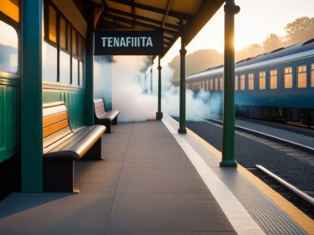 Una estación de tren solitaria al atardecer, con luz dorada filtrándose entre el dosel y bancos vacíos