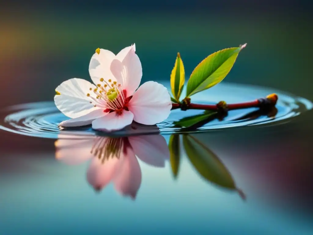 Cherry blossom flotando en estanque al atardecer, reflejando la poesía lírica de los haikus