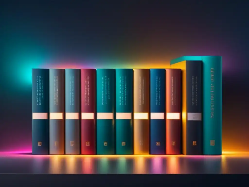 Un estante digital minimalista lleno de libros electrónicos visuales de poesía, brillantes y abstractos
