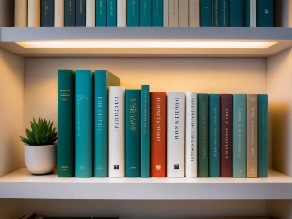 Una estantería blanca impecable con un foco iluminando libros de poesía transformadores, de diseño minimalista y elegante