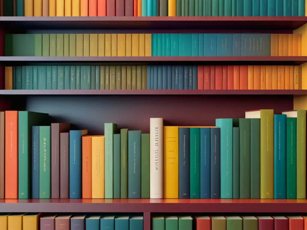 Una estantería minimalista con libros de poesía en colores que evocan emociones, ejemplificando la psicología del color en poesía