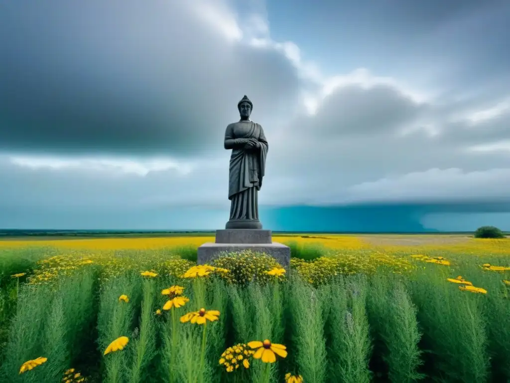 Estatua de piedra solitaria entre flores silvestres bajo un cielo dramático, simbolizando el concepto de apóstrofe en la lírica