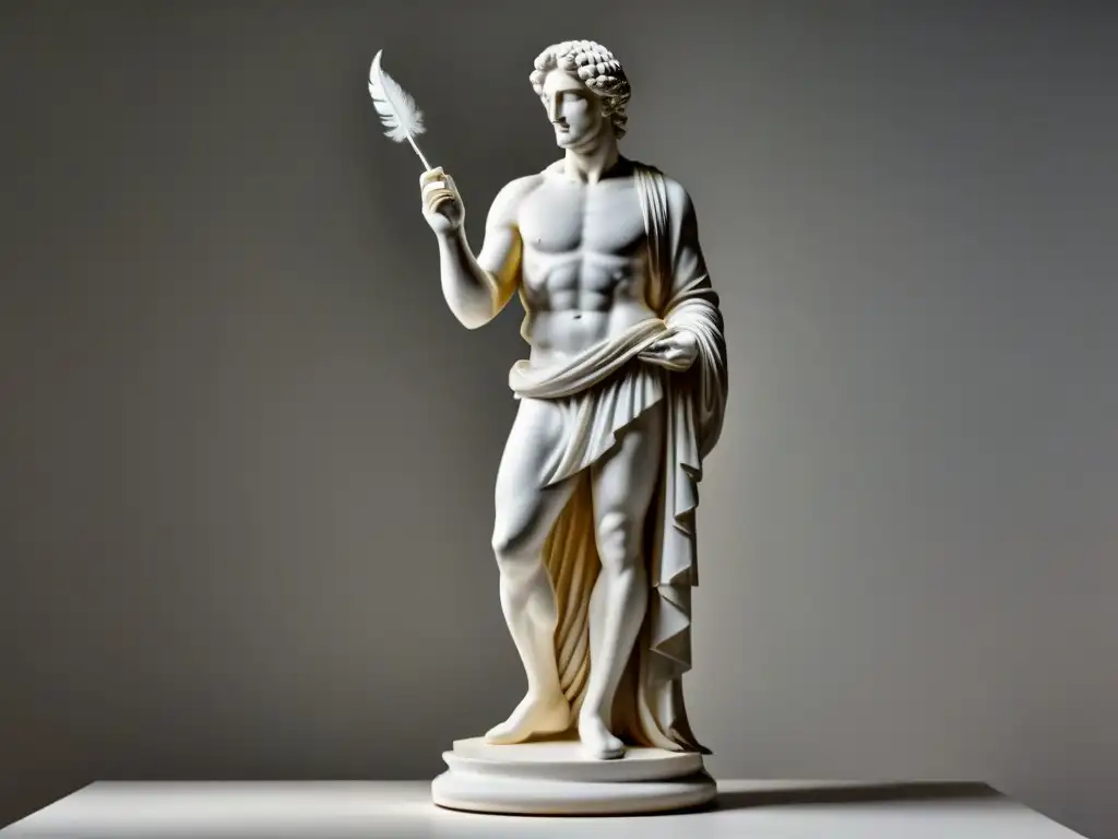 Estatua de mármol de poeta neoclásico con pluma, elegante y detallada