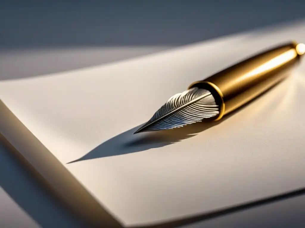 Estilizada pluma metálica sobre papel blanco, simbolizando creatividad y preparación para concursos poesía internacionales