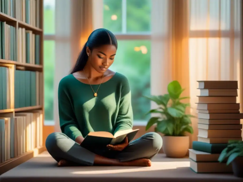 Un estudiante disfruta de los beneficios de la poesía, sumergido en un ambiente sereno y soleado rodeado de libros y revistas abiertas