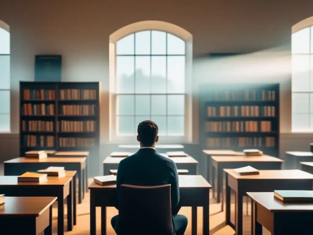 Estudiante concentrado en aula serena, rodeado de libros y versos poéticos flotantes