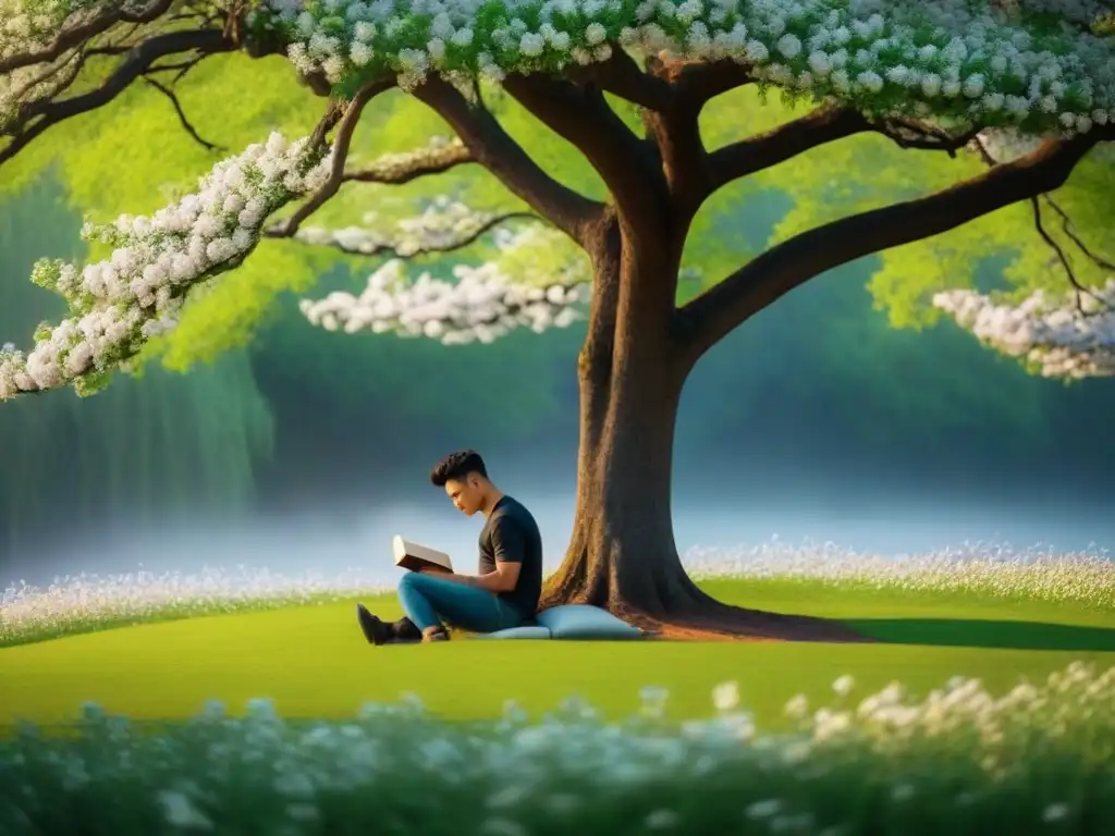 Estudiante encuentra paz bajo un árbol, leyendo poesía entre flores