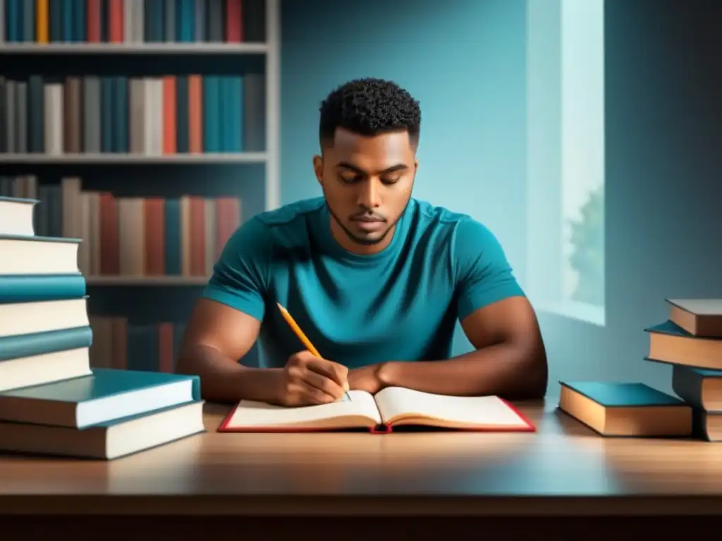 Estudiante reflexivo escribiendo en su cuaderno rodeado de libros y plumas, con un fondo que simboliza la mentoría poética en escuelas