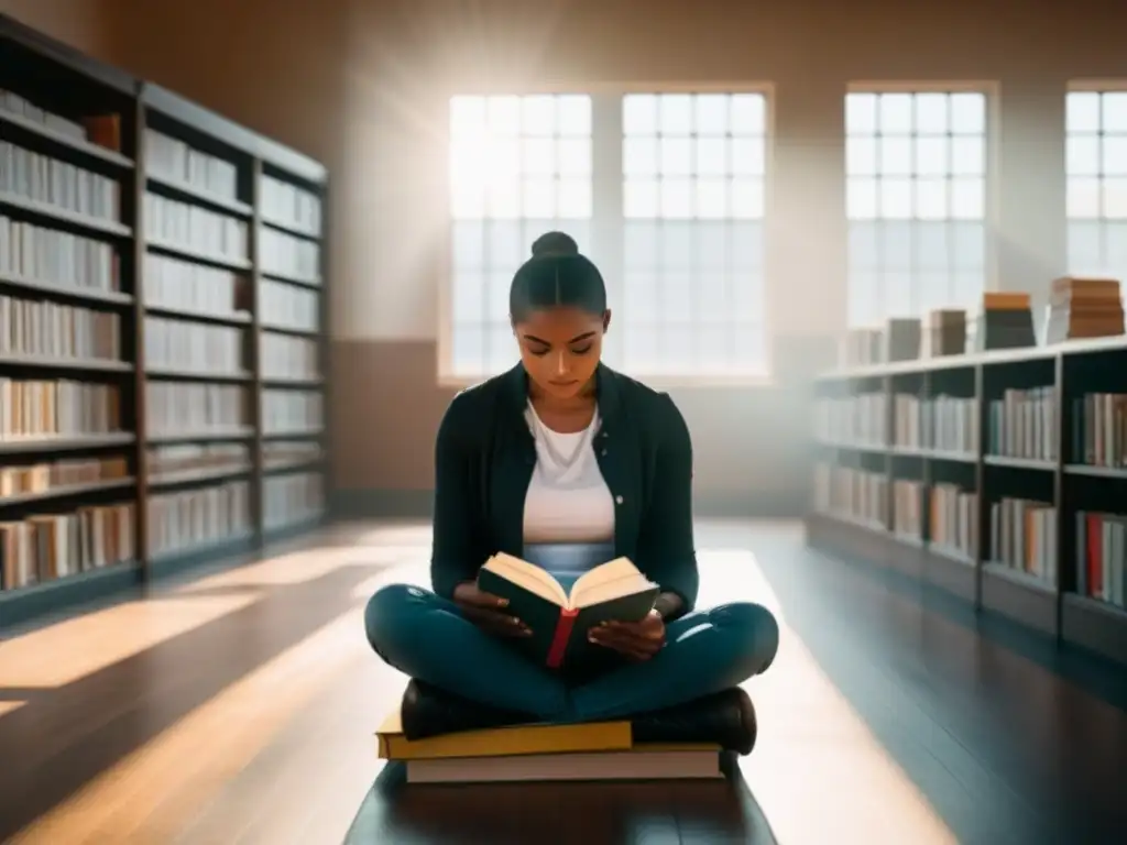 Estudiante reflexivo rodeado de libros de poesía, iluminado por la luz del sol