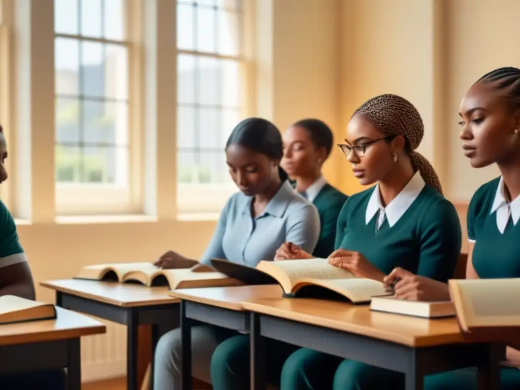 Estudiantes diversos leyendo poesía africana en un aula iluminada, expresando asombro y curiosidad