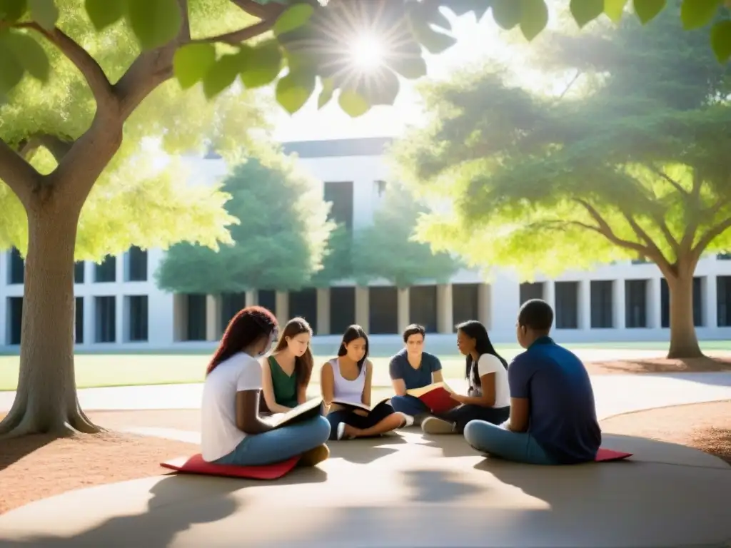 Estudiantes disfrutan poesía bajo árbol en campus, fusionando tradición y educación moderna