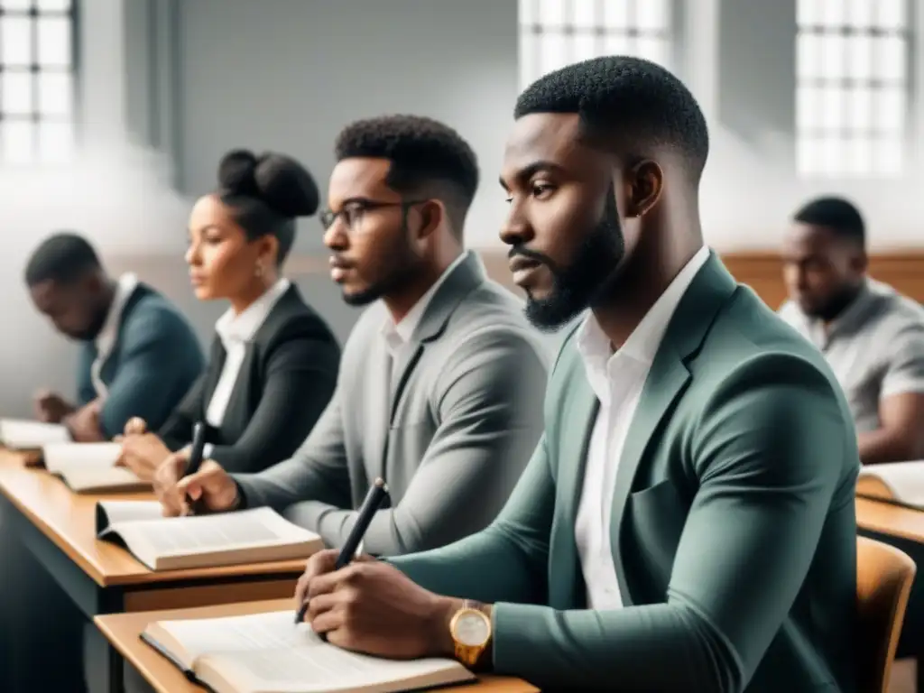 Estudiantes concentrados leyendo poesía africana en aula, reflejando aprendizaje y exploración cultural