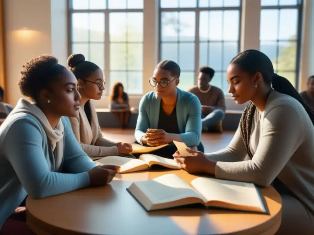 Estudiantes diversidad leyendo poesía en aula inspiradora