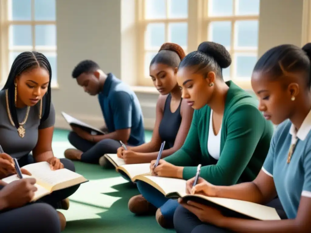 Estudiantes diversos en círculo escriben poesía en aula, reflejando colaboración y creatividad