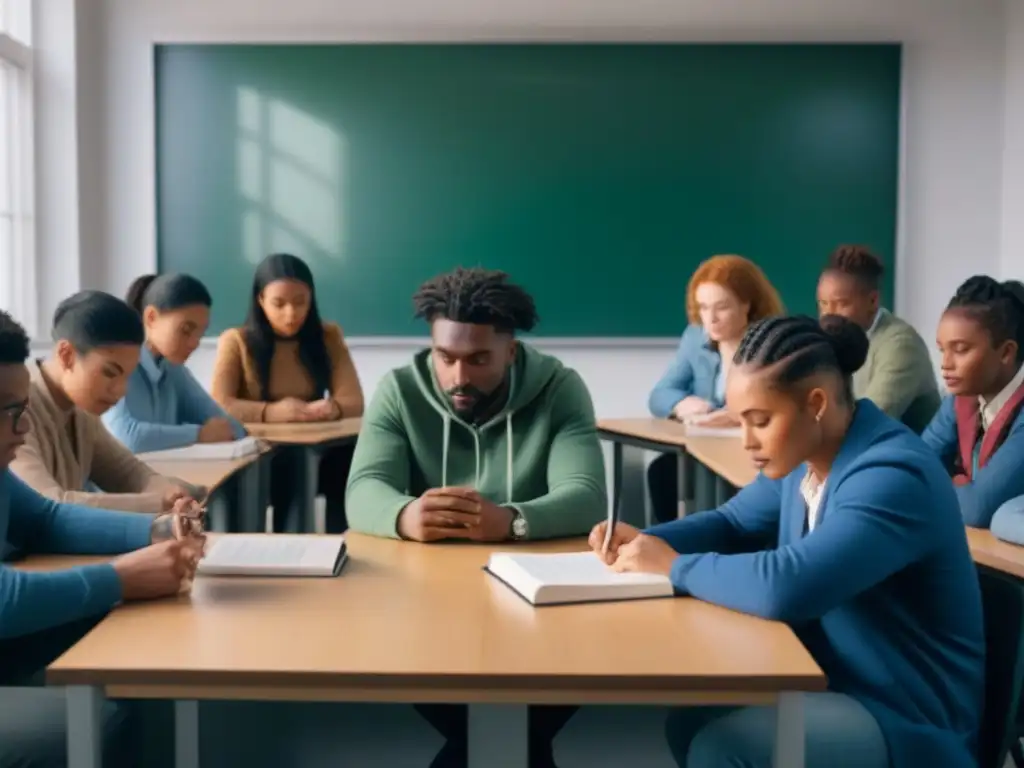 Estudiantes leyendo poesía en idiomas en aula moderna y luminosa, cautivados