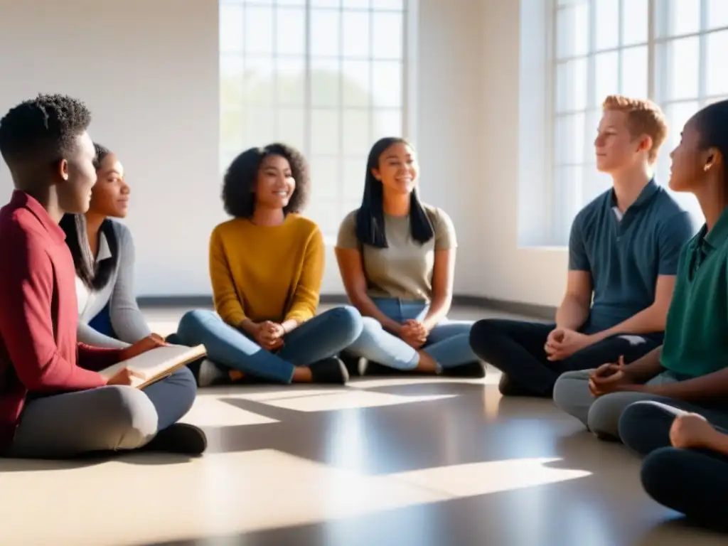 Estudiantes inspirados escuchando poesía en un aula moderna y luminosa