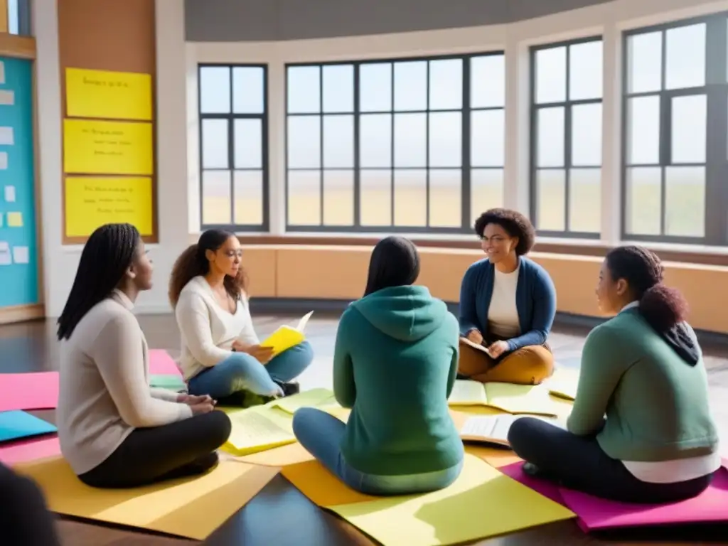 Diversos estudiantes escriben poesía en un aula iluminada, fomentando la enseñanza de técnicas creativas