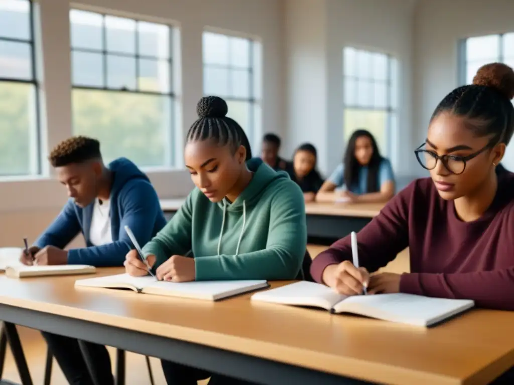 Estudiantes diversos escribiendo poesía juntos en aula moderna, resaltando la importancia de la poesía en educación moderna