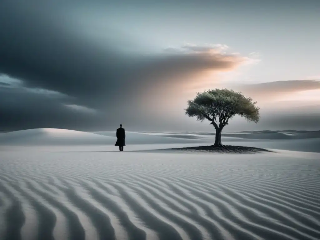 Poesía sobre exilio y hogar: Persona solitaria mirando hacia el horizonte en desierto desolado con árbol distante