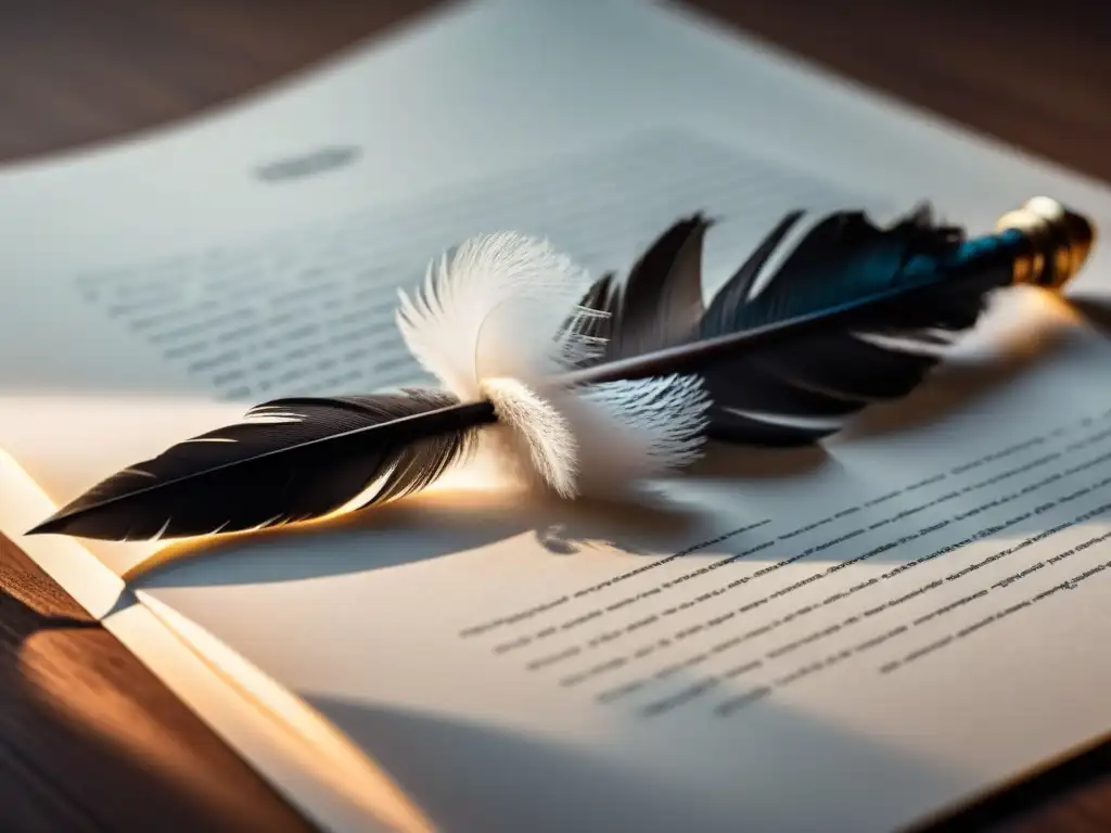 Éxito publicitario con poesía: pluma de poeta sobre papel en blanco, iluminada por luz suave, inspirando creatividad y contemplación artística
