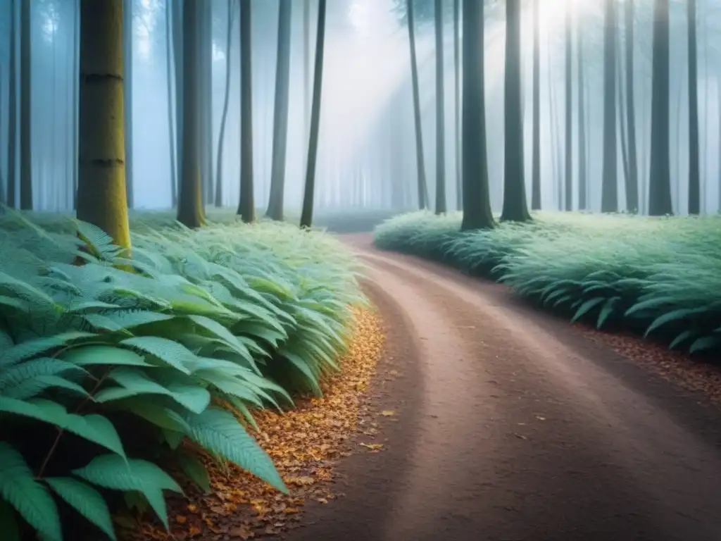 Experiencia inmersiva en un bosque sereno, árboles altos proyectando sombras largas, luz etérea filtrándose entre hojas