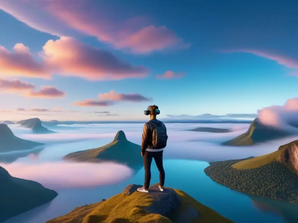 Experiencia poética en realidad virtual: figura solitaria en un paisaje digital inmersivo, contemplativo y sereno